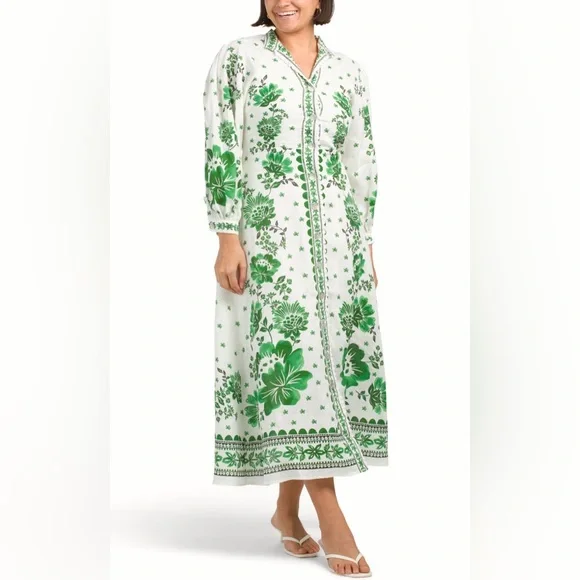 Magaschoni | Dresses | Magaschoni Linen Maxi Dress Lantern Sleeve Vneck  Like Farm Rio Green Forest | Poshmark